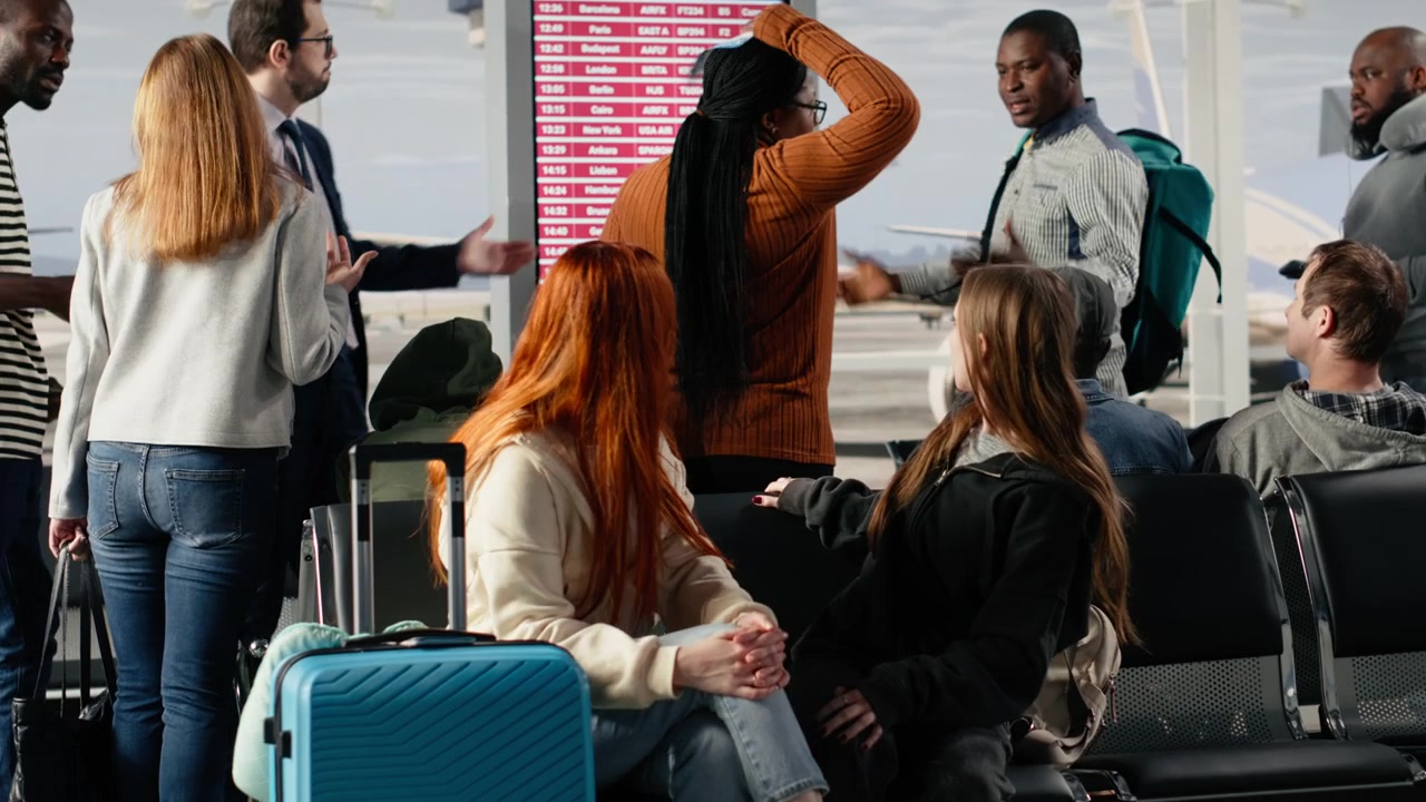 Distressed by plane delays, departure board screen and worried tourists