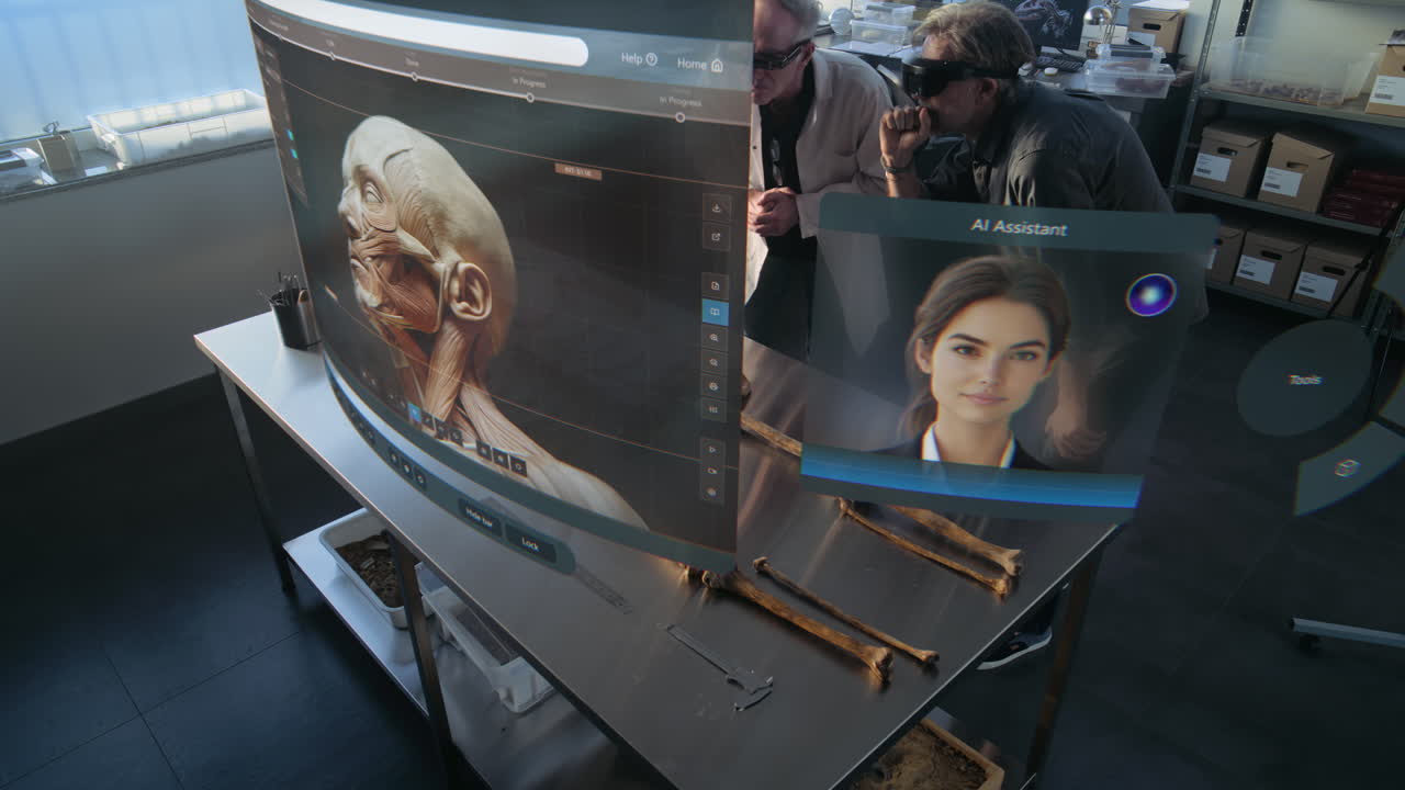 Premium stock video - Scientists using vr to examine a human skeleton