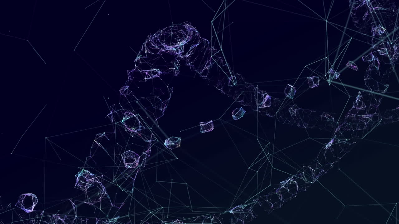 Animaatio yhteyksien verkostosta ja DNA-juosteista tummalla taustalla.