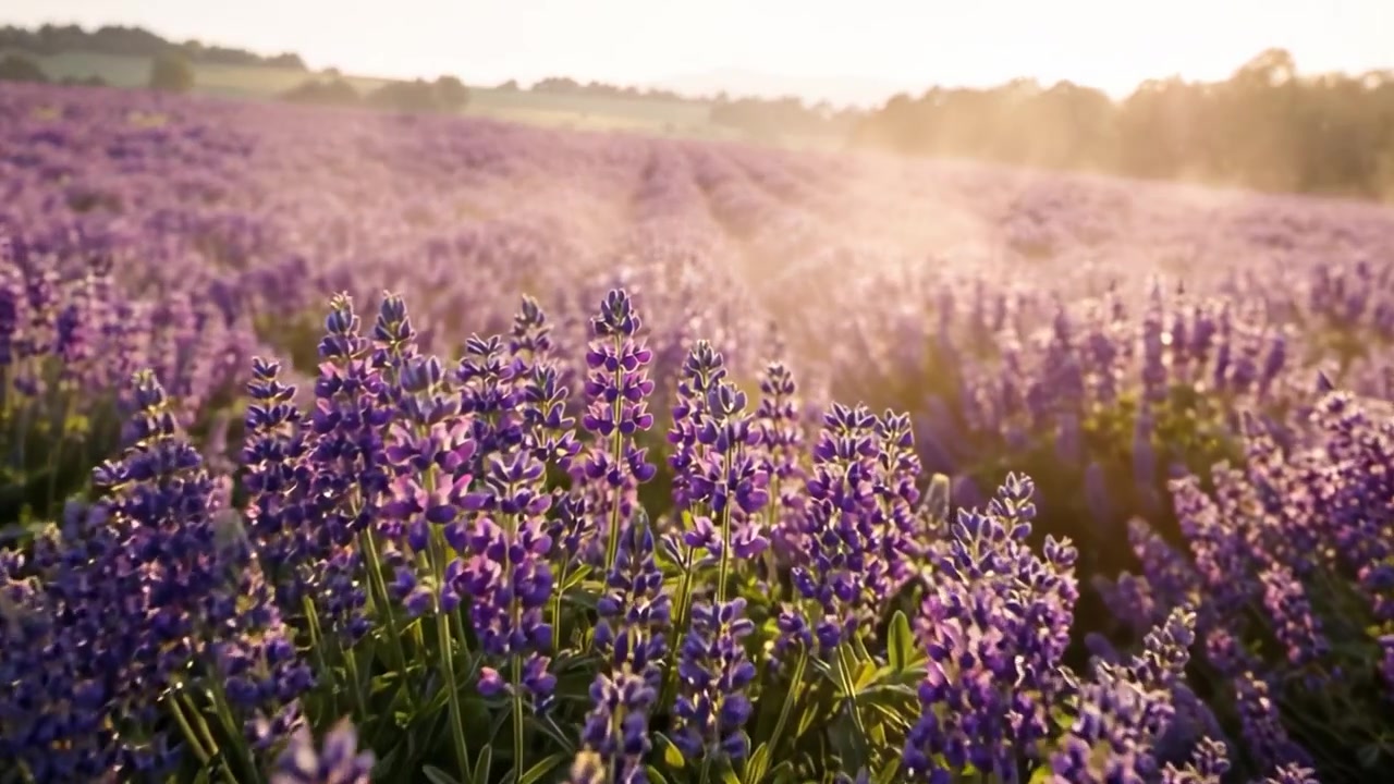 Campo di Lavanda Mozzafiato all'Alba: Un Paesaggio Scenografico di Fiori Viola Vibranti Sotto la Morbida Luce del Mattino, Catturando la Serenità e la Bellezza della Natura.