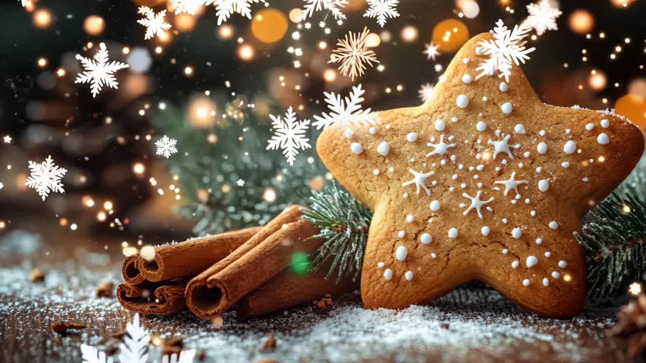 A star shaped cookie with white icing and cinnamon on it. The cookie is sitting on a table with some pine cones
