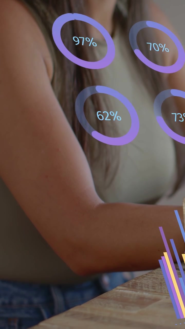 Video verticale: Inizio sequenza con una donna al tavolo che visualizza indicatori e barre AR che crescono davanti a lei per dati finanziari.