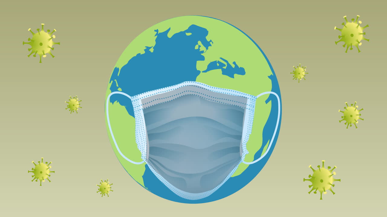 바이러스 세포 위에서 지구에 있는 얼굴 마스크의 애니메이션