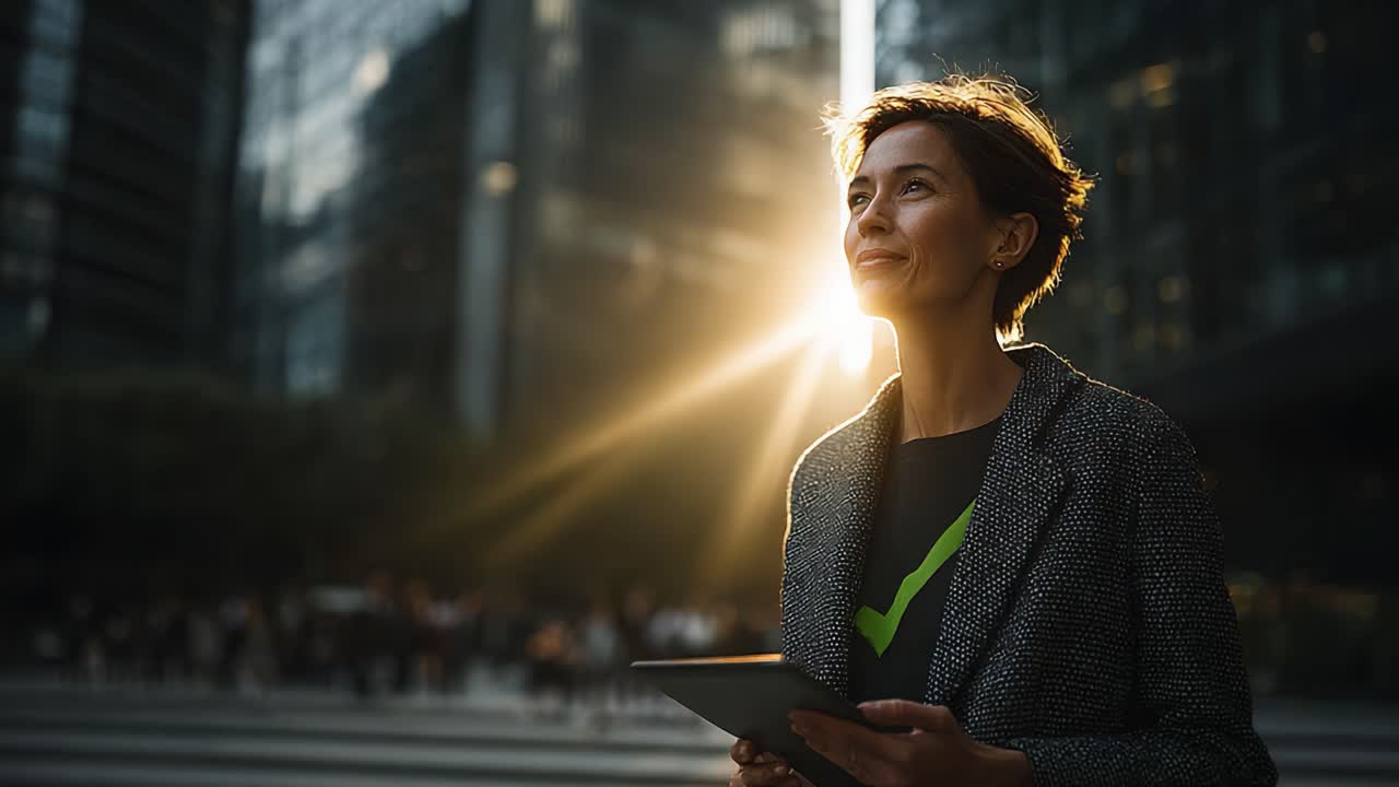 A Confident Professional Embracing Opportunity: A Woman Standing in the City at Sunset with a Tablet, Radiating Positivity and Determination