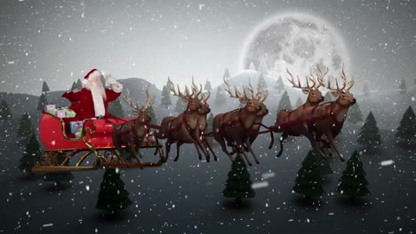 animation of snow falling over christmas santa claus in sleigh with reindeer