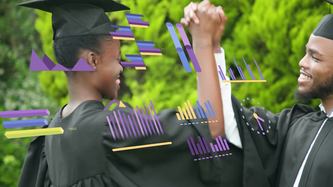 Woman entering sparking graduation with man tapping cap, fistbumping amid animated purple graphics