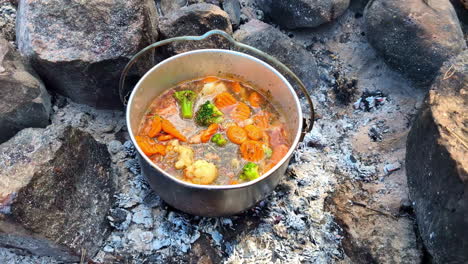 stew being prepared on camping fire, push in view