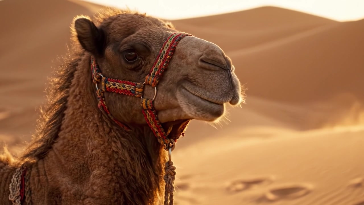 Maestoso cammello contro le sabbie del deserto: uno scorcio della resilienza della natura nell'ora d'oro con dune mozzafiato sullo sfondo.