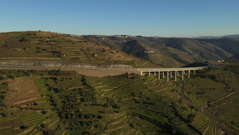 aerial shot over highway bridge wide vineyards landscape, douro