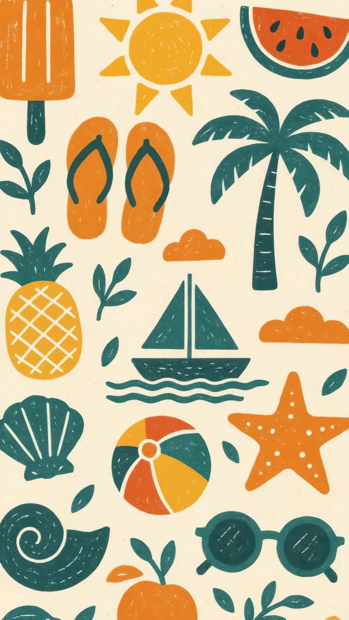 Flat lay of vibrant summer icons like sun, palm, and sailboat