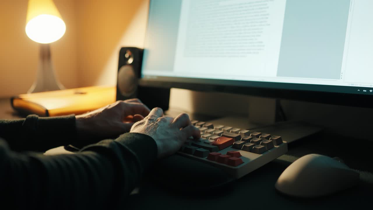 Uomo seduto davanti a un computer che digita su una tastiera. Ufficio domestico.