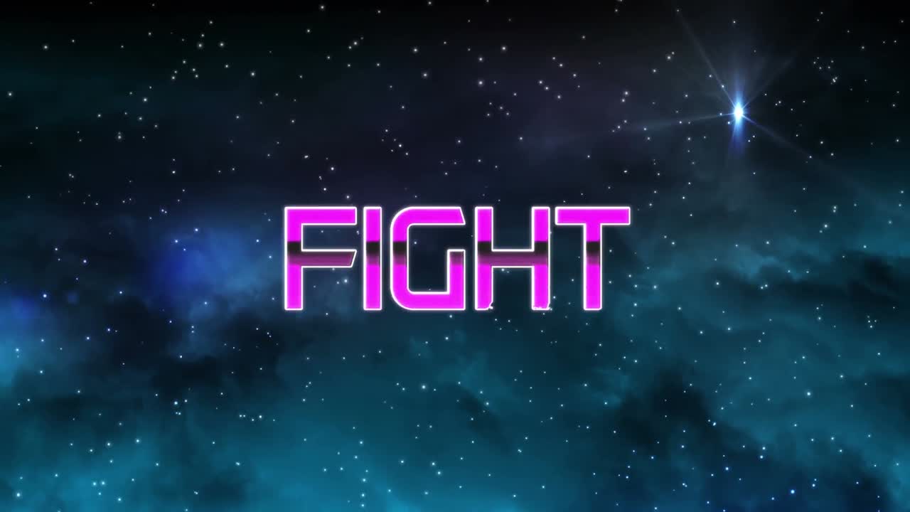 우주 배경 에 반 ⁇ 이는 별 들 위 에 분홍색 전투 텍스트 배너