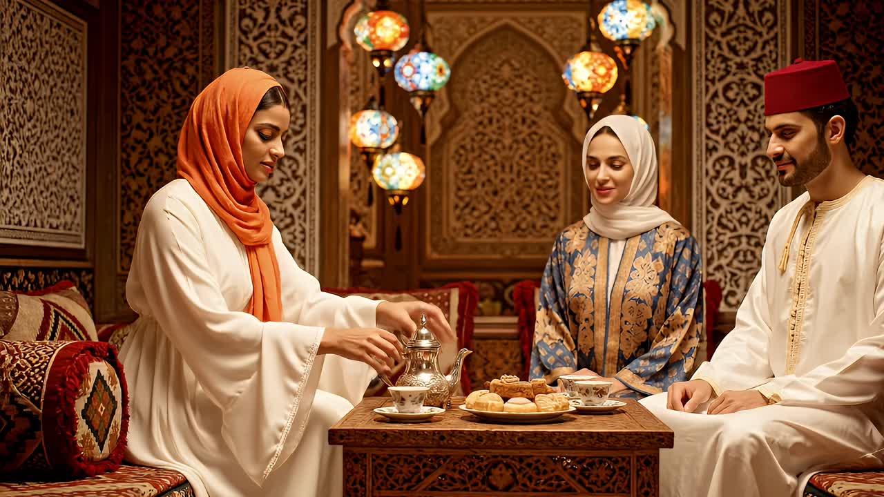 Friends Enjoying a Traditional Arabic Tea Ceremony at Home