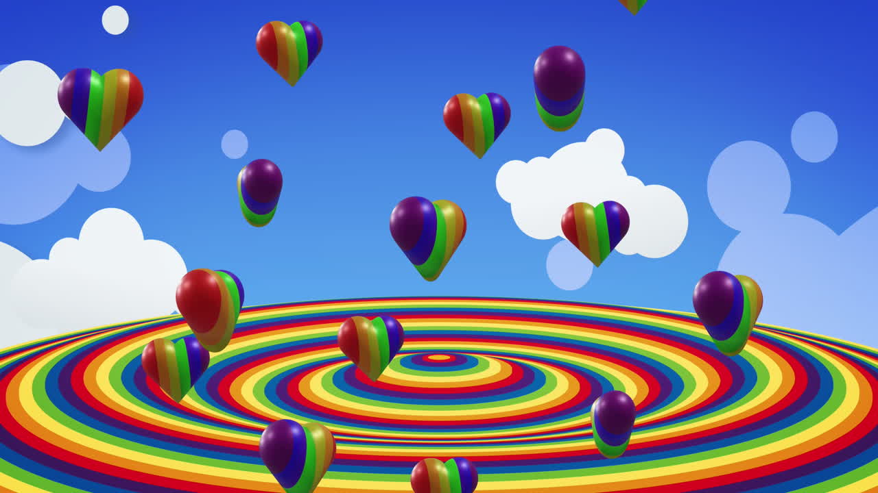 Animation of pride lgbtq hearts and rainbow shapes background