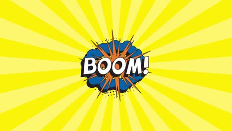 word 'boom!' in a retro comics speech bubble with halftone dotted shadow on an animated orange background.