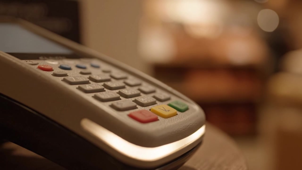 Close-up View of a Point of Sale Terminal Highlighting Buttons and Design Features in a Soft Blurred Background Setting