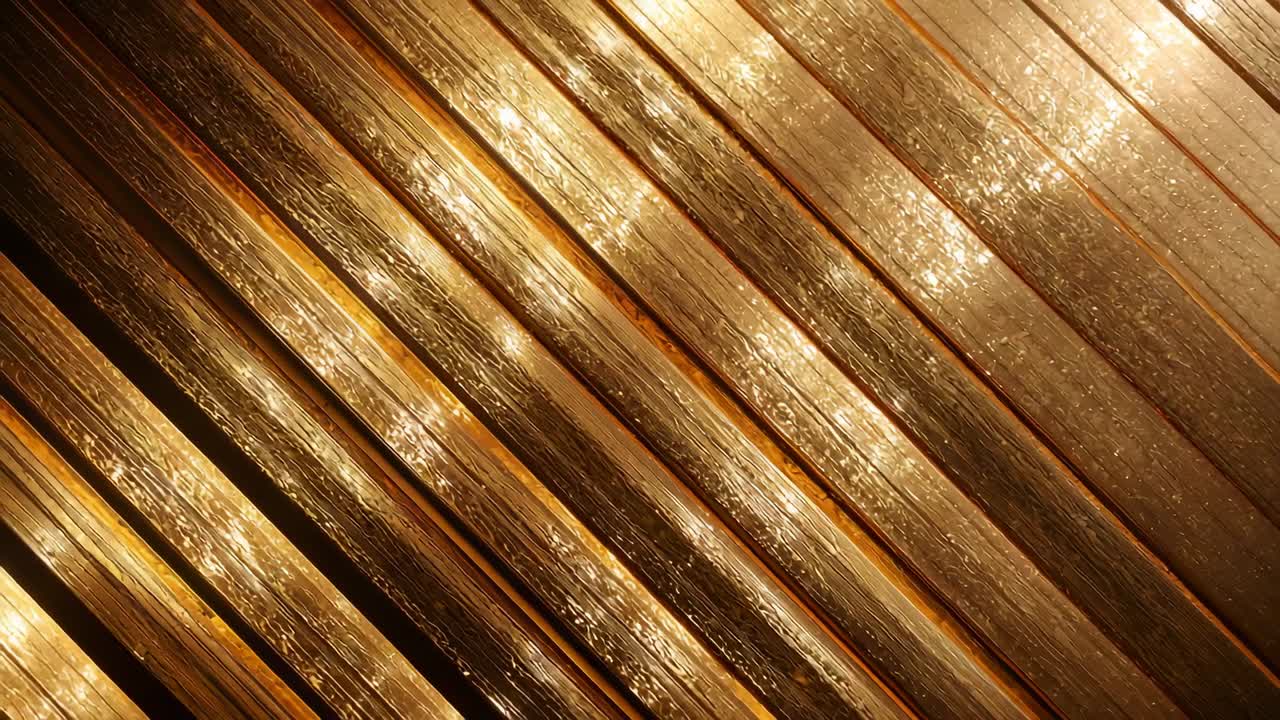Revealing shimmering golden wood planks in close-up under even light, showcasing reflective finish