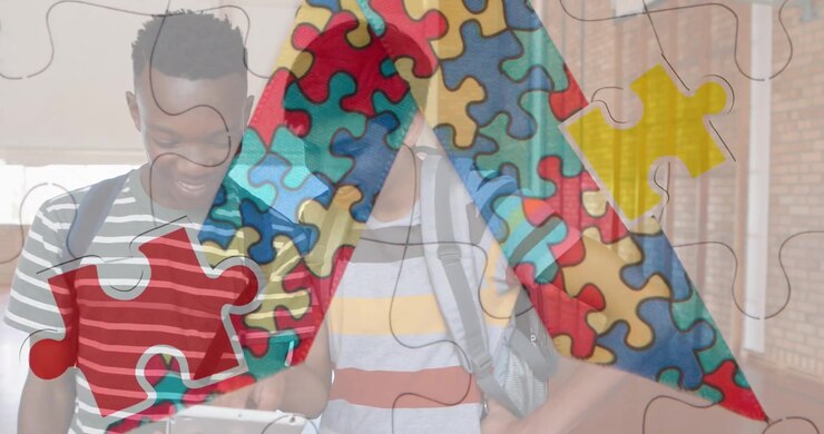 Animation of puzzle over diverse schoolchildren