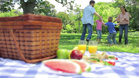 a family is dancing in a circle before falling down behind a picnic