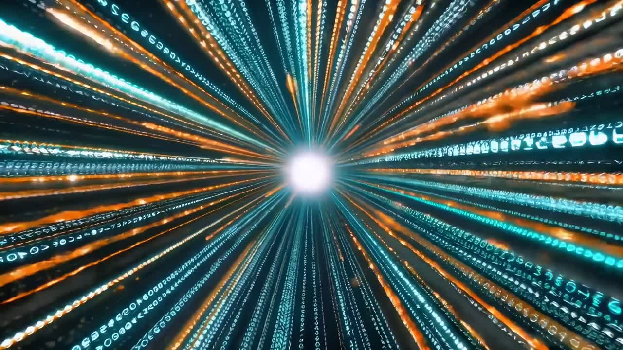 Futuristic video concept with a dynamic, low-angle view of glowing digital streams