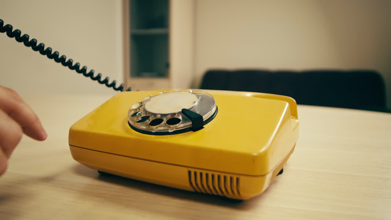 Retro vintage phone, A yellow rotary telephone is displayed on a wooden desk, adding a nostalgic touch