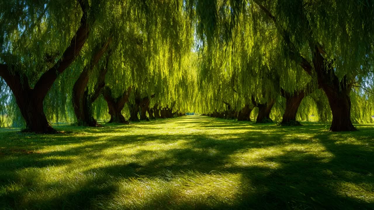 Serene Pathway Beneath Lush Willows: An Inviting Walk Along a Shaded Avenue of Graceful Trees in a Vibrant Green Landscape, Capturing Nature's Tranquility and Beauty