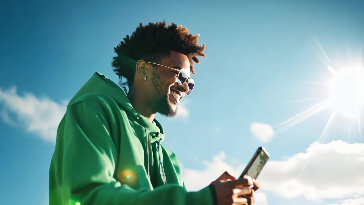 Glad ung sort mand bruger smartphone udendørs under blå himmel
