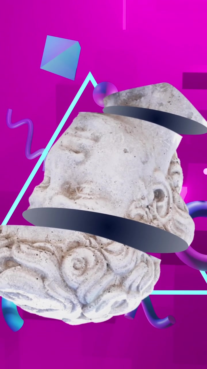 Animation af antikt skulpturhoved over lyserøde former