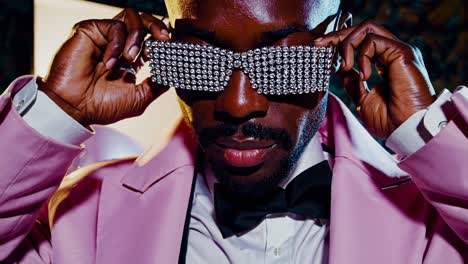modelo masculino negro elegante con traje rosado, camisa blanca, gafas deportivas incrustadas en diamantes y de pie en medio de globos coloridos durante una glamurosa sesión de fotos en el estudio