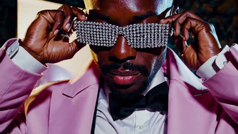 dapper black male model wearing pink suit, white shirt, sporting diamond encrusted glasses and standing amid colorful balloons during glamorous studio photoshoot