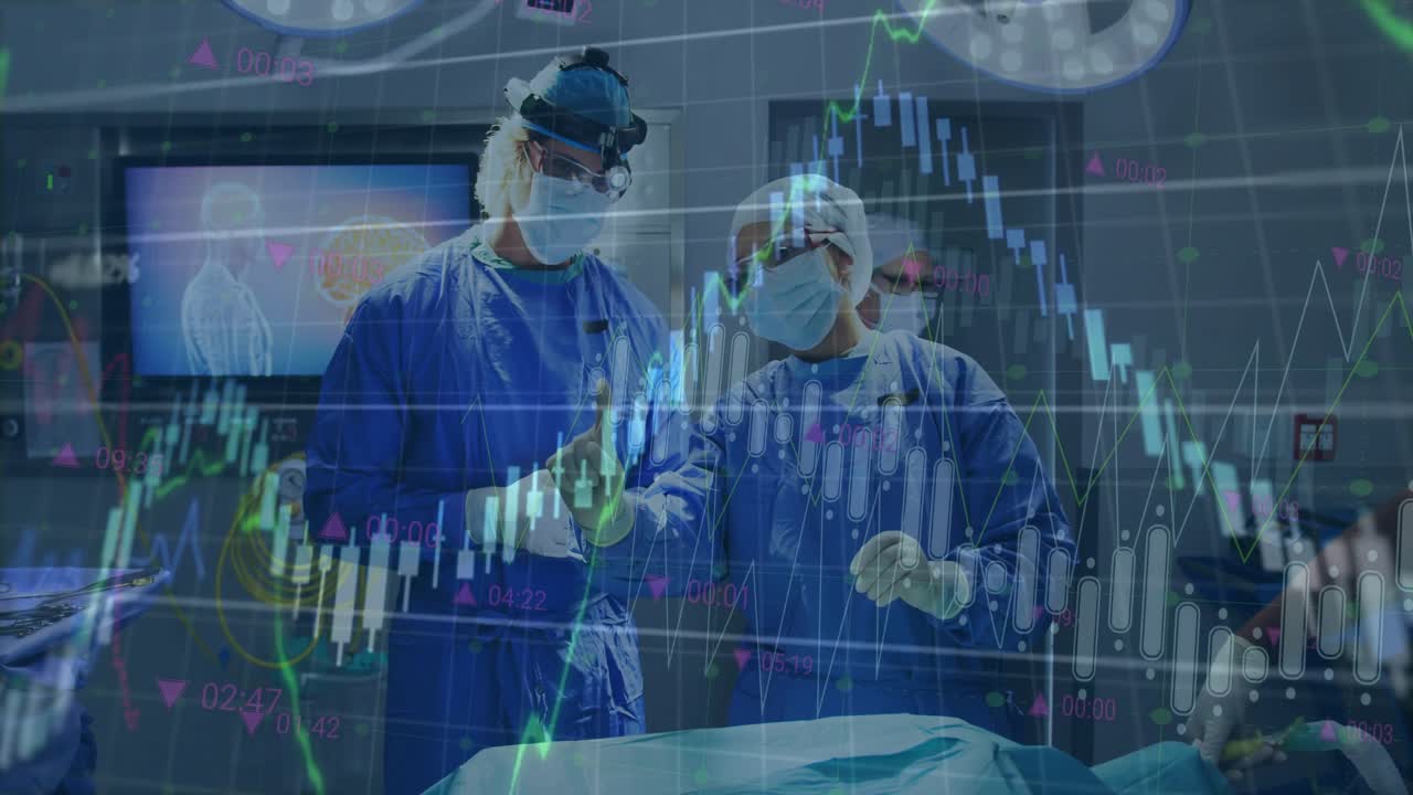 Ledende kirurger justerer handsker før operation, konsulterer hjernescanning mens digitale diagrammer intensiveres.