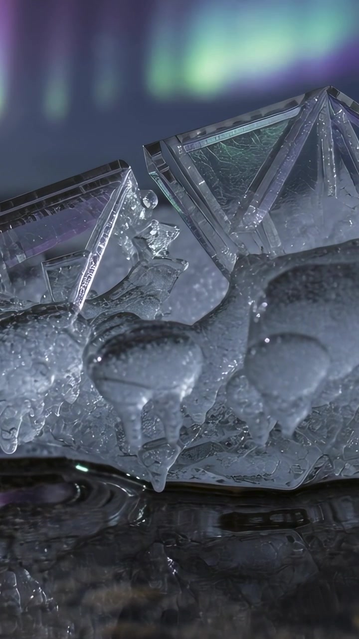 Video verticale: cristallo che si scioglie rilasciando gocce, che cadono in una pozza creando cerchi, aurora che muta