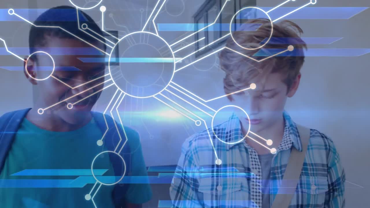 Animation of network of connections over happy diverse boys at school