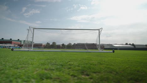 full size soccer, football, goal on a good-quality grass soccer field during the day