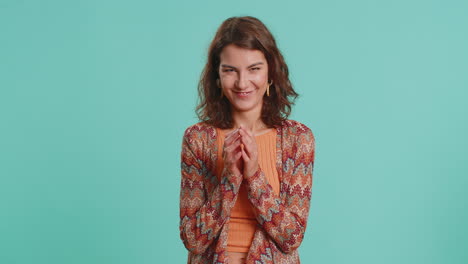 sneaky cunning young woman thinking over devious villain idea cunning cheats jokes pranks