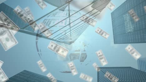 animation von fallendem geld über dem stadtbild
