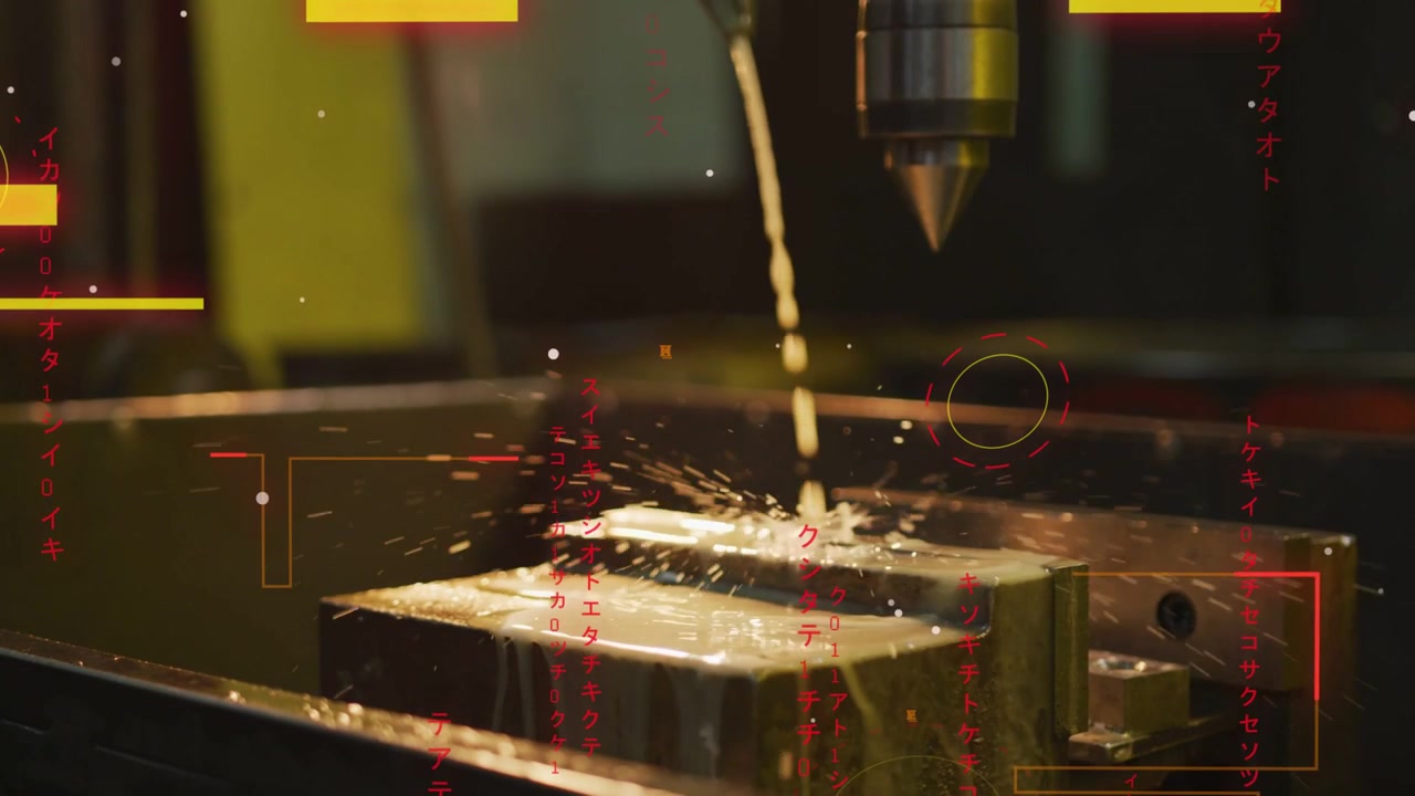 Spraying coolant stream striking metal block in vise at machine shop, with spindle and HUD graphics