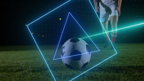 Animation-of-neon-geometrica-shapes-over-legs-of-caucasian-male-soccer-player-kicking-ball