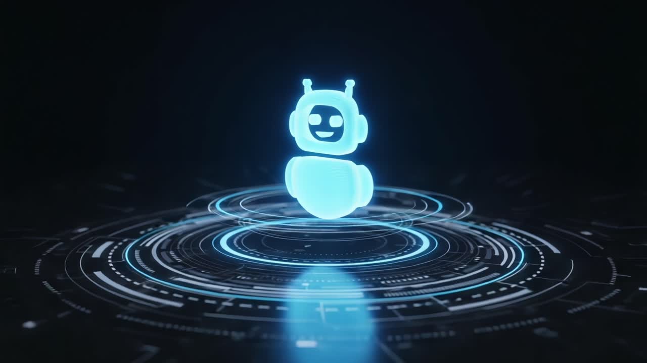 Un ologramma futuristico di un robot emerge, mostrando un design digitale coinvolgente con accattivanti motivi circolari e motivi tecnologici avanzati in uno spazio ambientale scuro