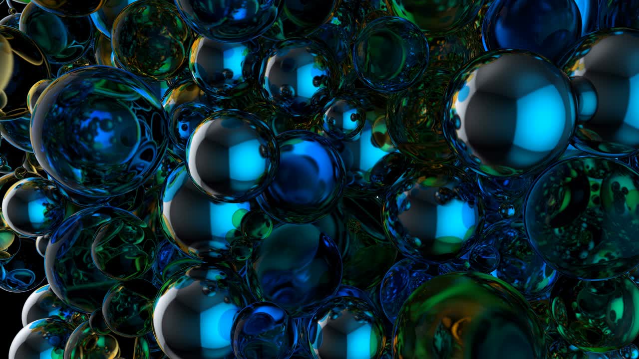 looping abstract coloridas esferas de vidrio lenta animación. salvapantallas. vidrio, metal. bolas azules generadas en 3d
