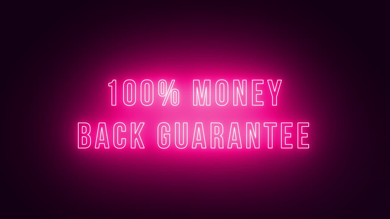 animated text 100% money back with a neon purple model