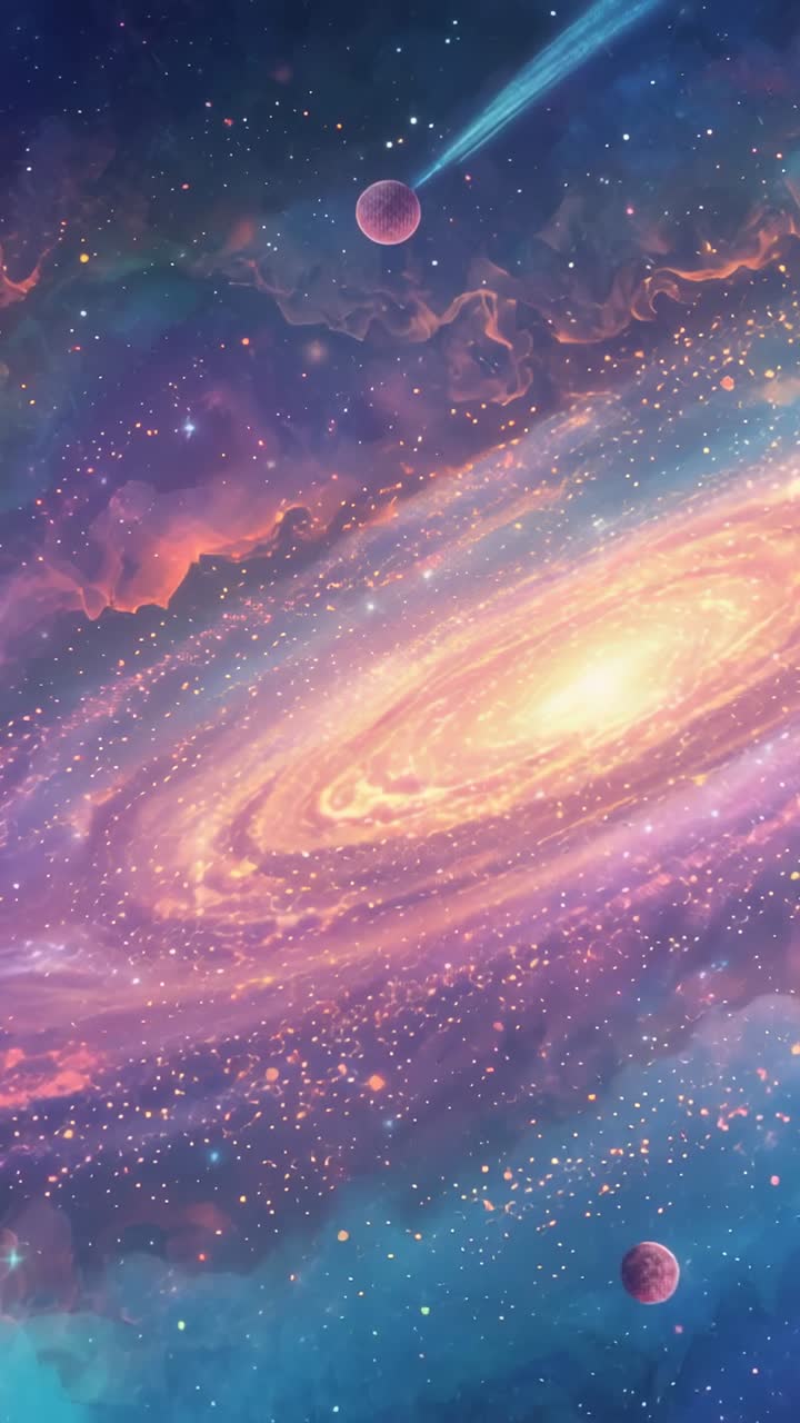 Vertical video: Showing spiral galaxy glowing in space, with pastel nebula, planet, comet and stars
