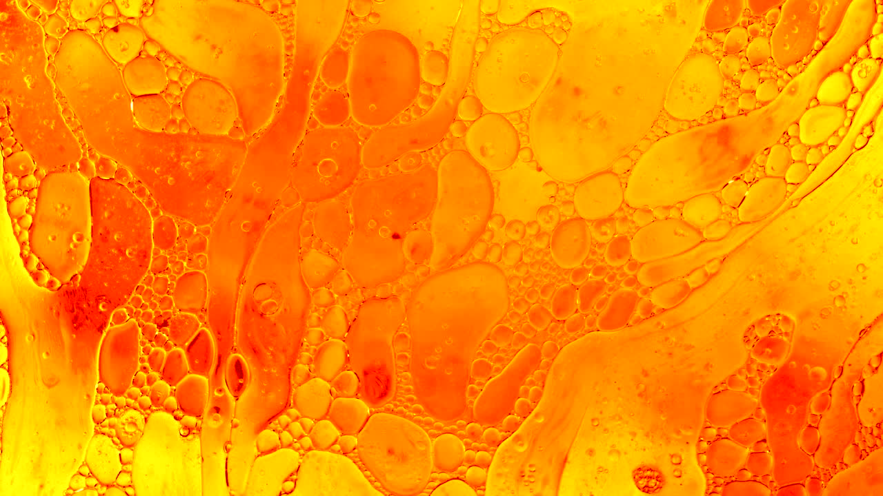 Colorful oil drops floating on water surface, top view. Fantastic abstract background. Bright bubbles moving and spreading. Close up 4k video of weird liquid structures. Scientific chemical experiment