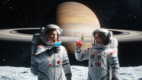 astronauts enjoying cocktails on a moon of saturn