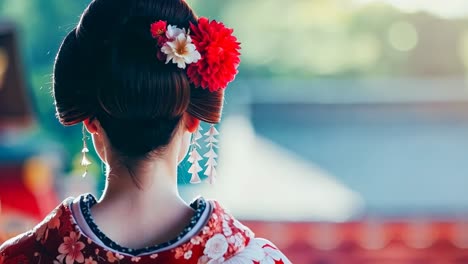 una mujer en un kimono rojo y blanco con una flor en el cabello