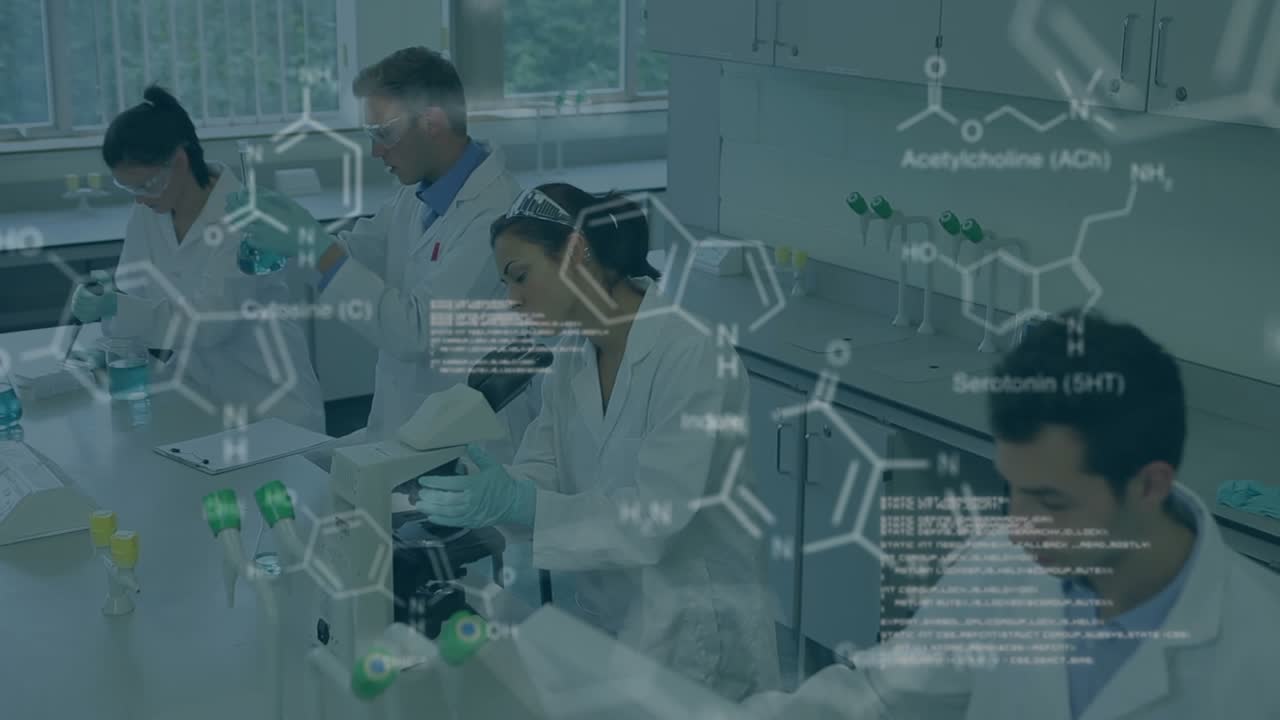 Animation of data processing and chemical formula over diverse scientists in lab