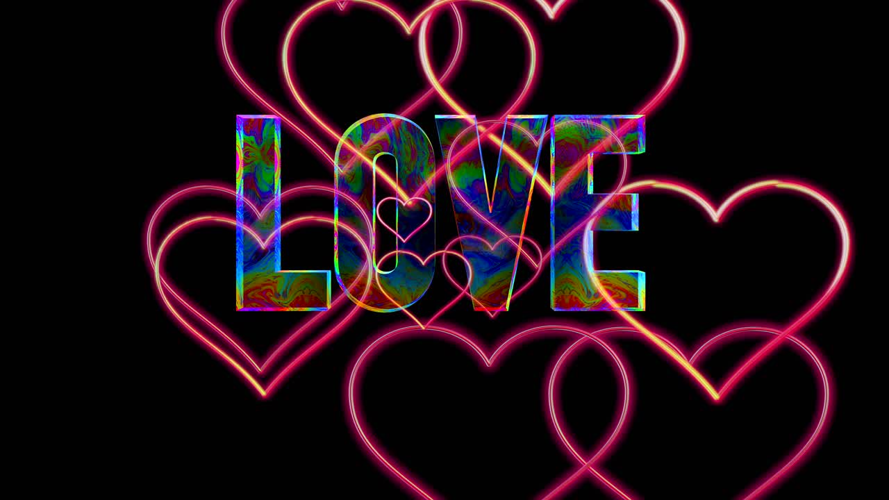 많은 빨간색 하트가 있는 디지털 다채로운 글꼴 사랑 단어 텍스트, 검정색 배경에 애니메이션된 컴퓨터