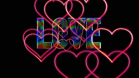 Digital-colorful-Font-Love-Word-Text-with-many-red-hearts,computer-animated-on-black-background