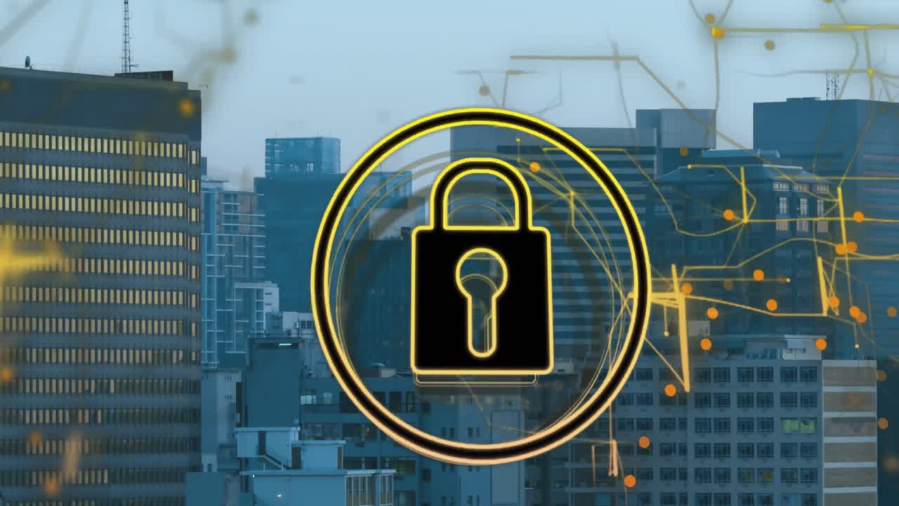 도시 풍경의 공중 시야에 대한 보안 락 아이콘과 조명 트레일의 애니메이션