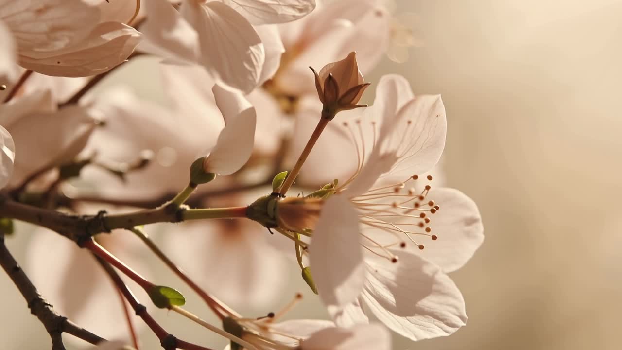 Shifting camera moving with golden light capturing pale pink blossoms in garden showing petals buds